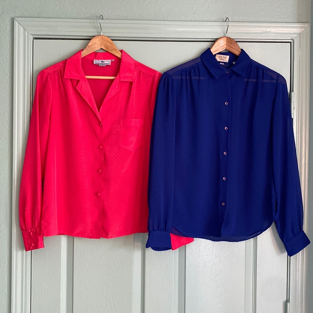 🌿BOSS BABE BLOUSE BUNDLE of 2 vintage 80s sheer royal blue and lipstick magenta
